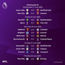All the upcoming matches at a glance. See Full Fixtures For The First 3 Match Days Of Resumed English Premier League Naija News
