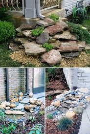 Stack Flat Rocks Under The Gutter Downspout For A Beautiful Dry Waterfall Landscape Backyard Landscaping Designs Backyard Landscaping Rock Garden Landscaping