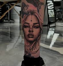 Here’s my tattoo progress report! 🤯, #tat #tattooidea #girlfacetattoo  #lettering #blackandgreytattoo #legtattoo #process #smooth #chicano #neyyork