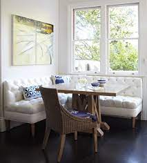 The full range of corner sofa sets come with either footstools or a glass top coffee table to suit a variety of different purposes. Corner Banquette Seating With White Corner Sofa Wooden Square Table A Rattan Cahir With Blue Cushion Of A Comfor Dining Nook Kitchen Seating Eclectic Kitchen