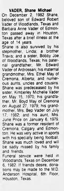 Obituary for Shane Michael VADER