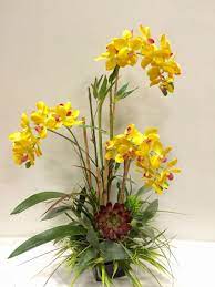Yellow Orchid Arrangement Designed By Arcadia Floral Home Decor Orchid Arrangements Flower Arrangements Orchids