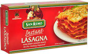 2 sdm minyak zaitun 1 bawang, dicincang halus 1 wortel, cincang halus 1 siung bawang putih, dilumatkan 500 g. 9310155411929 San Remo Instant Lasagna Sheets 250g