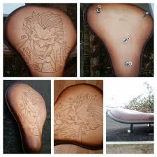 Custom Carved Leather Motorcycle Solo Seat The Joker Hand Carved Veg Tan Leather With A 3mm Aluminium Seat Pan 3 Leather Craft Custom Carved Custom Leather