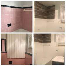 What is sold as bright white appliance enamel repair paint is actually gray, and not very glossy on top of it. Painted Tub And Tile Tub Tile Tub And Tile Refinishing Kit Tile Refinishing