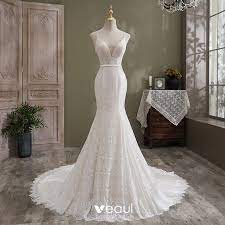Ist ein sommerkleid bodenlang und mit einer kleinen schleppe versehen, eignet es sich ebenso gut als hochzeitskleid wie ein typisches brautkleid aus einer brautmodenkollektion. Sexy Schlicht Ivory Creme Meerjungfrau Brautkleider Hochzeitskleider 2021 Spaghettitrager Armellos Ruckenfreies Spitze Blumen Kathedrale Schleppe Hochzeit
