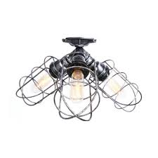 Retro industrial ceiling light steampunk semi flush mount chandelier fixture. Caged Ceiling Flush Mount Rustic Antique Iron Triple Lights Semi Flush Light For Warehouse Kitchen Takeluckhome Com