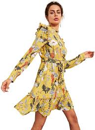 Floerns Women S Long Sleeve Ruffle Trim Self Tie Floral Print Short Dress At Amazon Women S Clothing Store