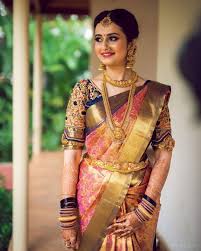 South Indian Bride Gold Indian Bridal Jewelry Temple Jewelry Jhumkis Pink Silk Kanch South Indian Bride Saree South Indian Wedding Saree Wedding Saree Indian