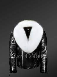 Men S Stunning Black Real Leather Jacket With White Fox Fur Collar Real Leather Jacket Fur Collars Real Leather