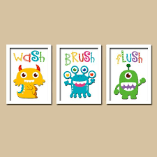 Wash Brush Flush Monsters Bathroom Artwork Set Of 3 By Trmdesign 30 00 Bathroom Kids Bathroom Wall Art Kid Bathroom Decor