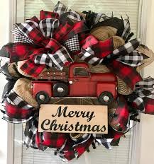 Black And White Plaid Christmas Decor Christmas Wreath Red Truck Wreath Red Truck Farmhouse Christmas Wreath Buffalo Plaid Wreath Winter Wreath Buffalo Plaid Farmhouse Christmas Wreaths Christmas Wreaths Diy Christmas Red Truck