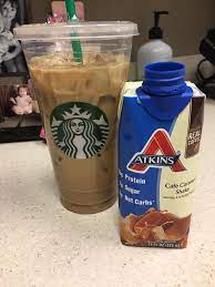 2 Shots Of Espresso Over Ice In A Venti Cup And Used My Atkins Cafe Caramel Shake To Fill It Up Low Carb Keto Recipes Atkins Shakes Shake Recipes