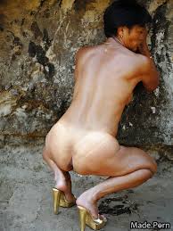 Porn image of squatting nude short hair sun tanning gold japanese high  heels created by AI