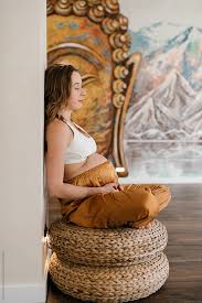 Side View Of Pregnant Brunette With Eyes Closed Sitting In Padmasana Pose And Practicing Mindfulness Lotus Position Pregnant Brunette