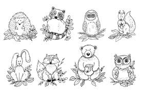 Kolorowanki do drukowania zwierzęta leśne z przykładem. Premium Vector Hand Drawn Autumn Forest Animals