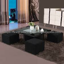 Chic teak waxed teak wood mondaine indoor / outdoor coffee table with 2 drawers. Square Coffee Table With Black Sofa Stools Underneath Office Furniture
