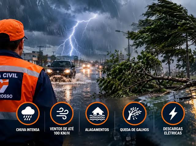 Defesa Civil alerta para chuva de at&eacute; 60 mm/h e ventos de 100 km/h em Mato Grosso