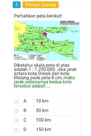 1 km berapa cm,10 km berapa meter,53 hm berapa cm,3000 m berapa km,satuan dalam jarak adalah,5 km berapa meter pada perjumpaan kali ini, kembali akan mimin sampaikan materi tentang 1 km berapa meter, tangga, tabel, konversi, contoh soal dan penjelasannya. Sebuah Peta Jawa Timur Yg Berskala 1 250 000 Berapa Jarak Sebenarnya Antara Kota Gresik Dg Kota Brainly Co Id