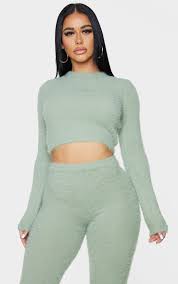 Perfect for naps and walks! Shape Sage Green Fluffy Knit Extreme Crop Top Prettylittlething Il