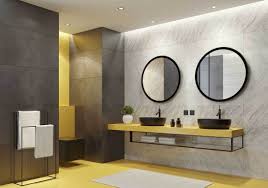 This richly detailed bathroom gets a lift from warm yellow paint above a marble tile wall treatment. 46 Yellow And Grey Bathroom Ideas Gif Ke Si