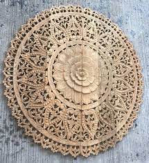 Round Bed Bohemian Headboard 47 Wood Wall Art Panel Lotus Flower Mandala Wooden Hand Craved Carving Teak White Art Wall Home Decor Thai Bohemian Headboard Carved Headboard Headboard