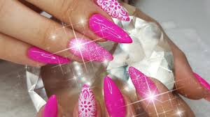 Out of all the acrylic choices, the traditional pink and white design continues to reign supreme. Acrylic Nails Bright Pink With Raw Glitter Stamping Youtube