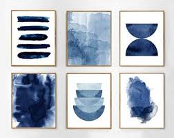 Set Of 2 Abstract Watercolor Prints Indigo Blue Art Stripes Etsy Blue Wall Art Minimalist Art Abstract Geometric Art