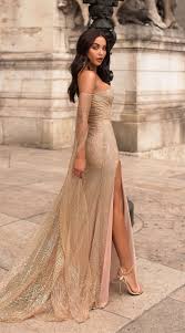 Off The Shoulder Long Sleeves Champagne Prom Dress With Split Champagne Dress Long Prom Shoulder Sleeves 2020 Club Elbiseleri Parti Elbiseleri Balo Elbiseleri