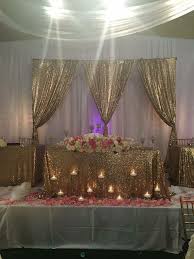 Gorgeous Gold Linens And Backdrop For The Bride And Groom S Table Bride Groom Wedding Weddingday Weddi Grooms Table Wedding Planning Wedding Decorations