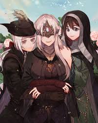 Safebooru 3girls Armor Ascot Bandage Black Hair Blindfold Blonde Hair Bloodborne Blue Eyes Breasts Cape Dark Souls Fire Keeper Dark Souls Art Dark Souls Meme