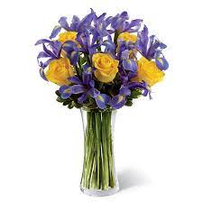 For example, purple flowers are common gifts to wish success for an engagement or starting a new job. Yellow Roses And Purple Iris At Send Flowers