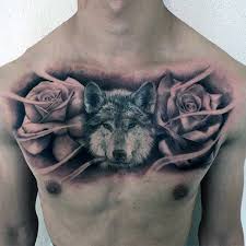 Cool Realistic Wolf With Rose Flowers Upper Chest Tattoo For Men Wolf Tattoo Design Tattoo Designs Men Wolf Tattoo