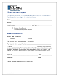 Pay bills, check balances, deposit checks and view account history. Fillable Online First Columbia Bank And Trust Form Fax Email Print Pdffiller