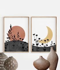  Boho Sun And Moon Print Set Of 2 Abstract Landscape Wild Flowers Desert Moon Minimal Wall Art Boho Decor Digital Art Celestial Magic In 2021 Boho Painting Minimal Wall Art Boho Wall Art