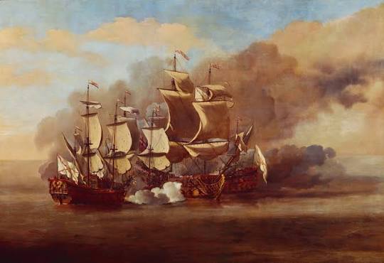 From the collection of the National Maritime Museum;- Engagement between three East Indiamen and two French vessels, 8th March 1757 by Lawson Dunn(active c.1760) As per NMM's website;- "A painting of an