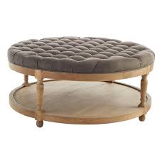 Round Button Tufted Coffee Table Natural Oak Wood Linen Coffee Table Wisteria In 2020 Tufted Ottoman Coffee Table Coffee Table Furniture Living Room Coffee Table