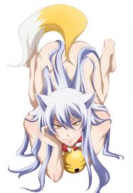 katze (776642), kokkuri-san (gugukoku), gugure! kokkuri-san, silver hair,  highres, 10s, 1boy, animal ears, ass, bell, bishounen, fang, fox ears, fox  tail, full body, kitsune, long hair, male focus, nude, simple background,  smile,