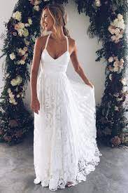 A Line Straps White Lace Long Wedding Dress With Criss Cross Back Wedding Dresses Bridal Dresses Beach Wedding Dress