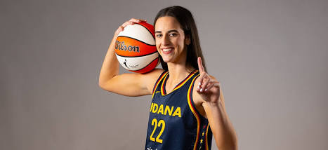 Caitlin Clark holding a basketball in her Indiana Fever jersey, do AI tạo