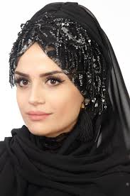 Aise Tesettur Siyah Sifon Payetli Bone Sal 1 Sal Kadin Mavi Abiye