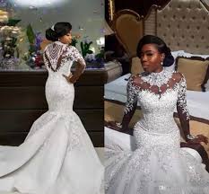 2018 Luxury Mermaid Wedding Dresses Sheer Long Sleeve High Neck Crystal Beads Chapel Train Af Wedding Dress Long Sleeve Wedding Dresses High Neck Wedding Dress