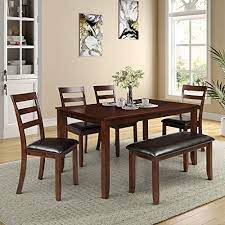Extending dining table and 6 chairs ukrainian women. Buy Yinkuu Dining Table And Chairs Set 6 Modern Wooden Table With 4 High Back Faux Leather Chairs And 1 Bench Set Kitchen Dining Room Restaurant Furniture Easy Assemble Walnut Dining Table