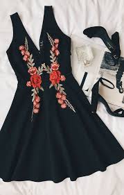 Romantic Rose Black Embroidered Skater Dress Fashion Clothes Pretty Dresses