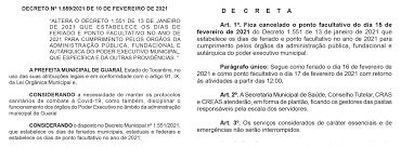 O ponto facultativo é um canal sobre conhecimentos e curiosidades gerais. Prefeitura De Guarai Cancela Ponto Facultativo Na Segunda 15 Decreta Feriado Em 16 E Servidores Retornam As 12 Horas Da Quarta 17 Prefeitura De Guarai