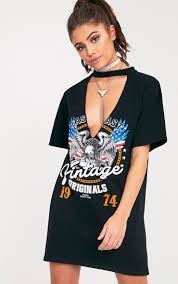 Vintage Slogan Black Extreme Plunge T Shirt Dress Shirt Dress Fashion T Shirt Dress