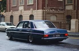 A Rainy Day With The Benz Bagged W115 Mercedes Benz Benz Mercedes Benz Mercedes