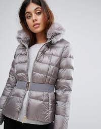 Ted Baker Synthetic Ted Bake Faux Fur Collar Quilted Jacket In Gray Lyst