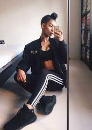 Adidas Outfit Inspiration Updo Hair Bun Hairstyle All Black Cropped Top Crop Top Fashion Types Of Fashion Styles Striped Leggings Outfit