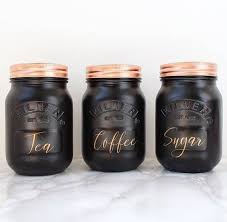 Black Kitchen Set Of 3 Tea Coffee And Sugar Canisters Kilner Jars Copper Silver Gold Copper Kitchen Accessories Black Kitchens Kilner Jars